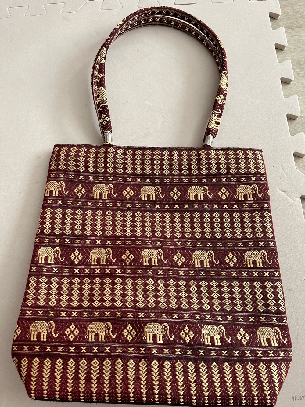 Handwoven Maroon & Cream Elephant Pattern zippered  Bag with coin purse